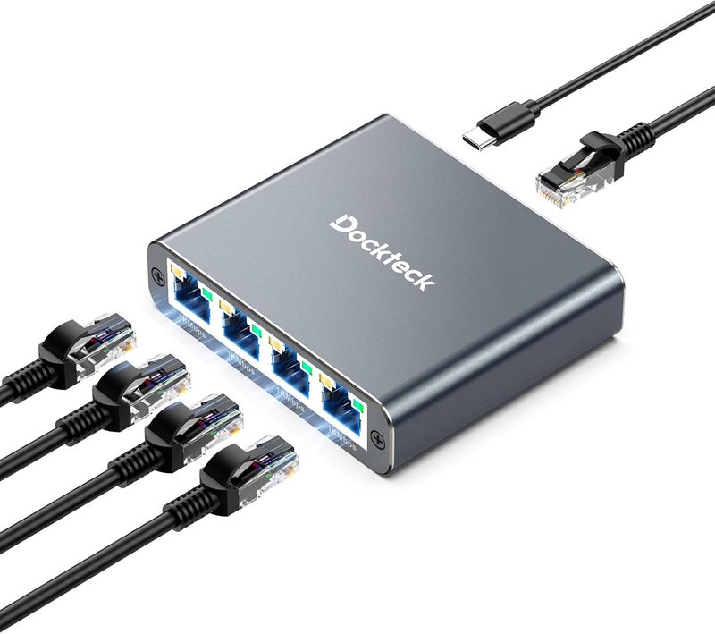 Dockteck Ethernet Splitter 1 to 4 1000Mbps, Internet Cable Splitter 1 in 4 Out High Speed Switch Network Gigabit for LAN RJ45 Port Router Switch Work with Cat5/5e/6/7/8 Cable (Silver Grey) - Image 1